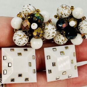 Vintage West Germany Clip On Earrings 2 Pair Beaded Cluster Geometric White